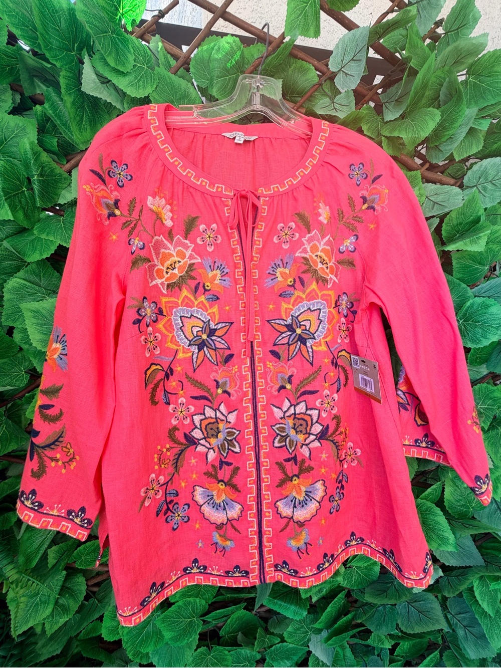John Mark Coral Embroidered Floral Tunic